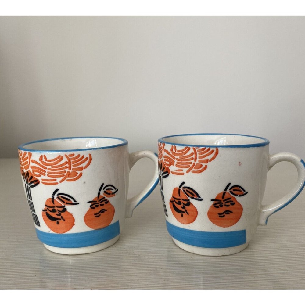 MCM Pair of Vintage‎ Mugs Pears Oranges Personification Angry Happy Blue White